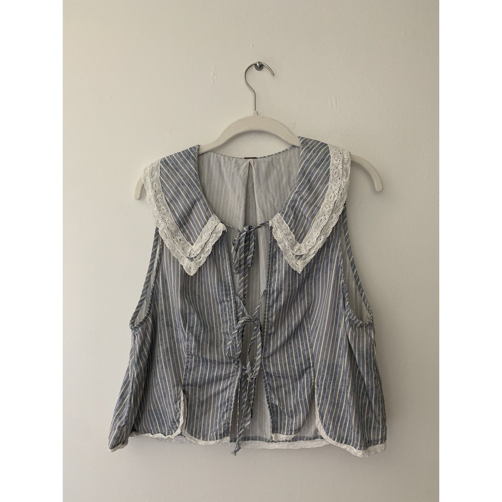 Free People Vest Top Blue And White Stripe Peter Pan Collar Lace Trim Tie Front